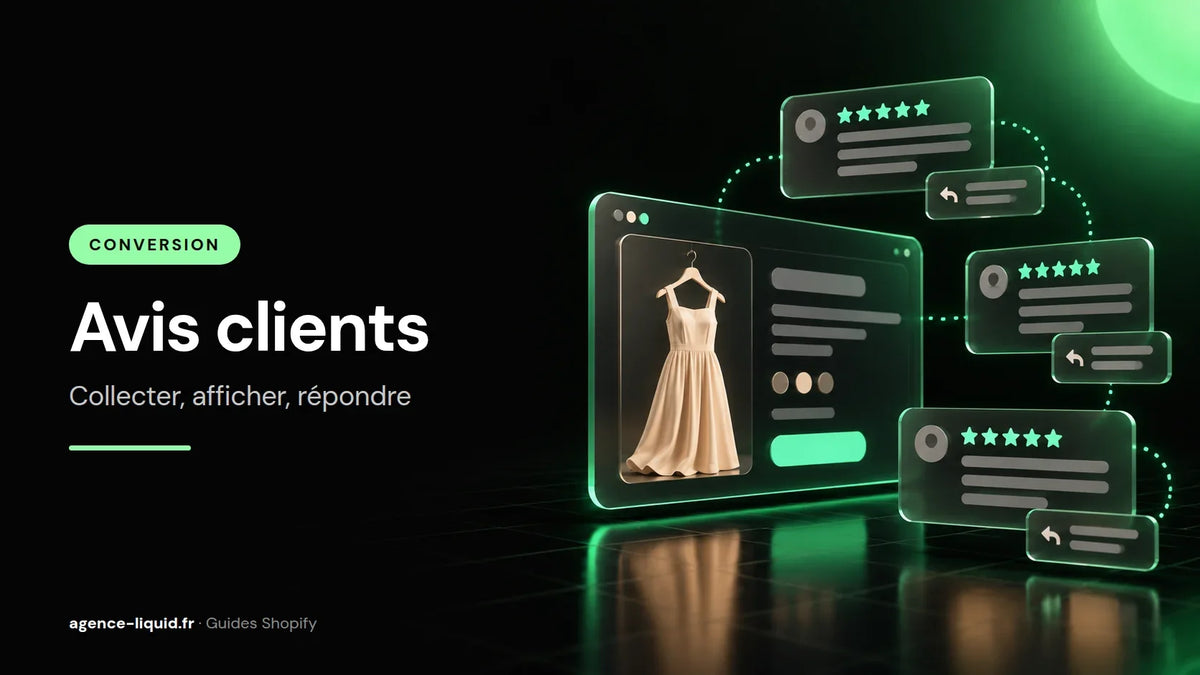Fiche produit Shopify entourée d'avis clients notés cinq étoiles et de réponses