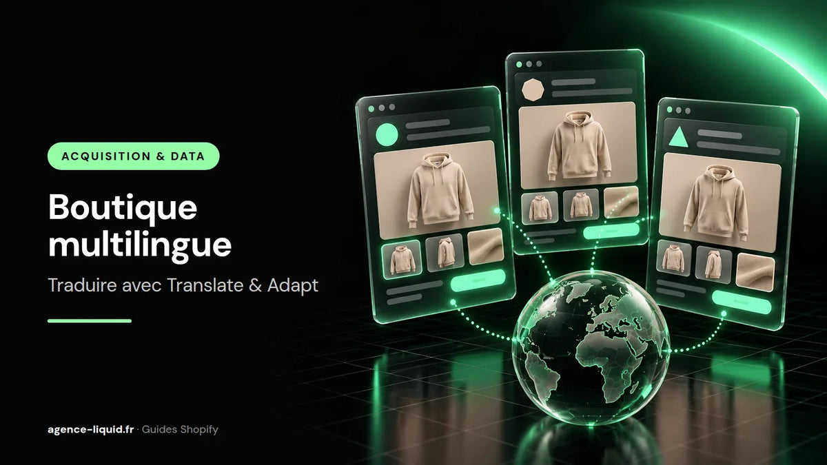 Trois versions linguistiques d'une même boutique Shopify reliées à un globe