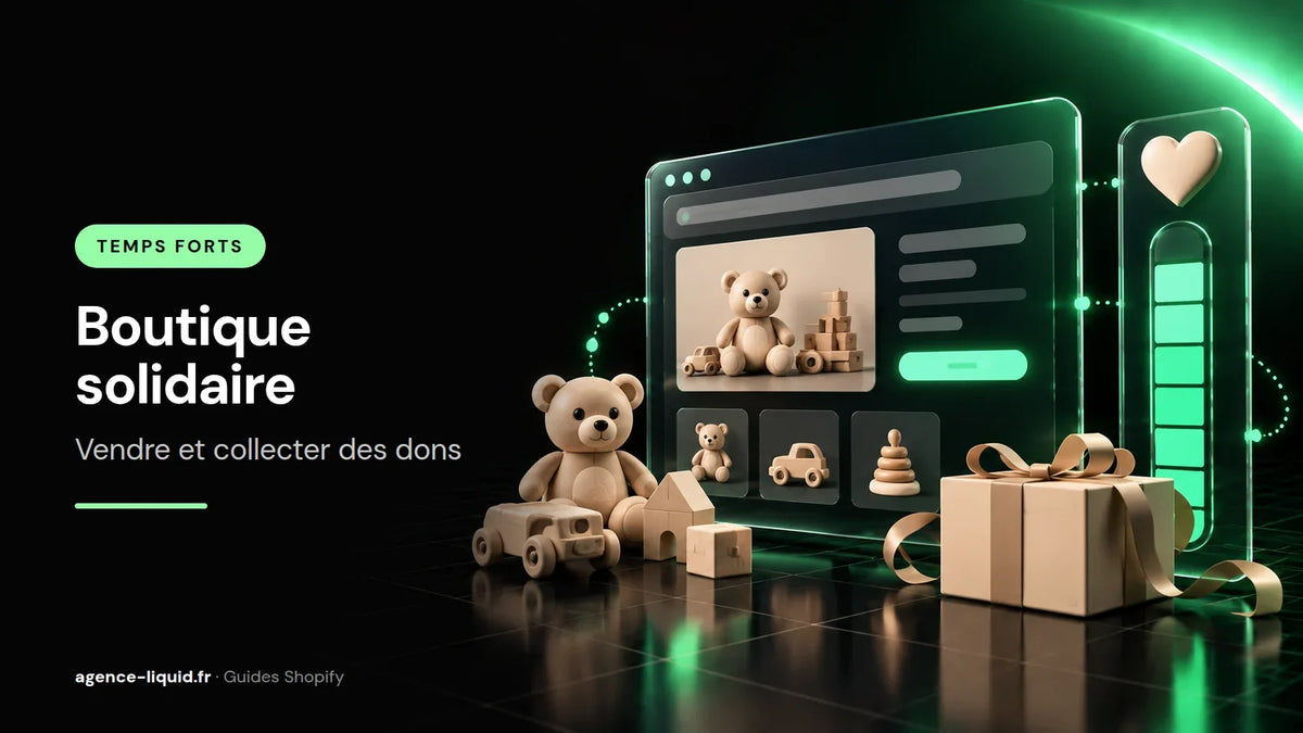 Boutique Shopify solidaire avec jouets en bois et jauge de dons en temps réel