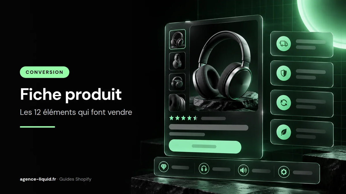 Fiche produit Shopify avec galerie, avis et éléments de réassurance