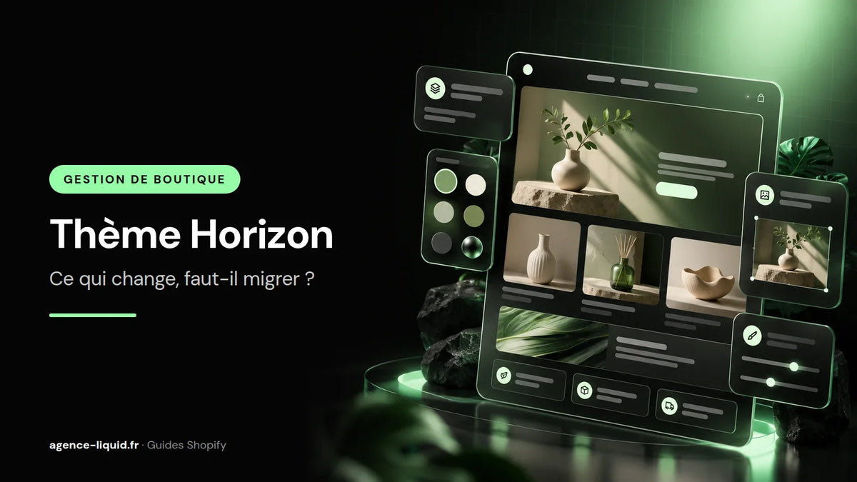 Éditeur du thème Horizon de Shopify avec blocs et palette de couleurs
